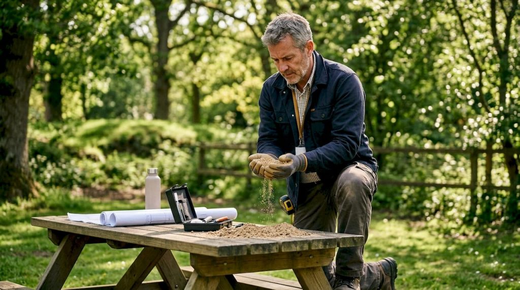 Engineer inspecting arena surface sample outdoors