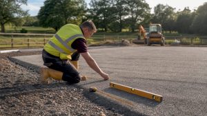 Worker inspecting arena base surface outdoors