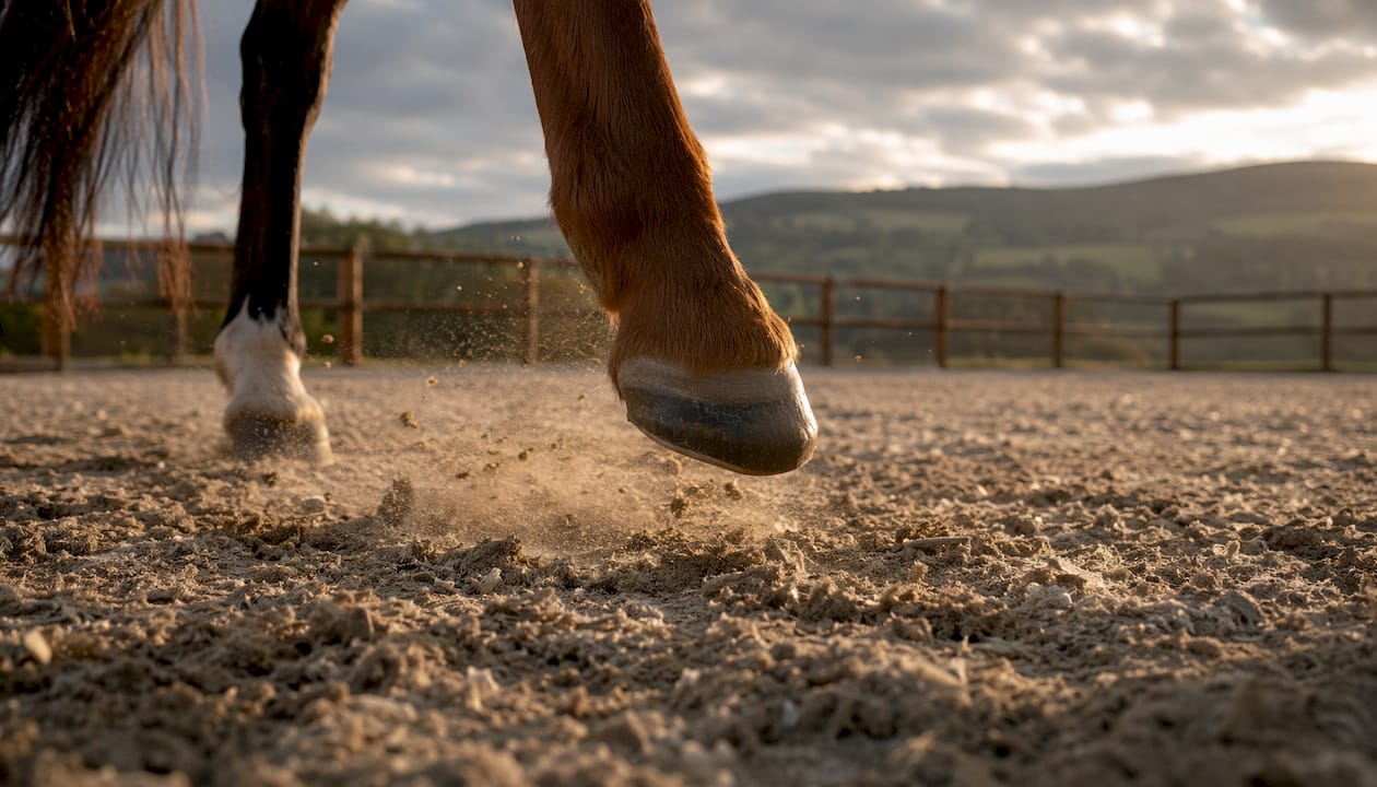 Close-up of horse hoof landing on arena surface